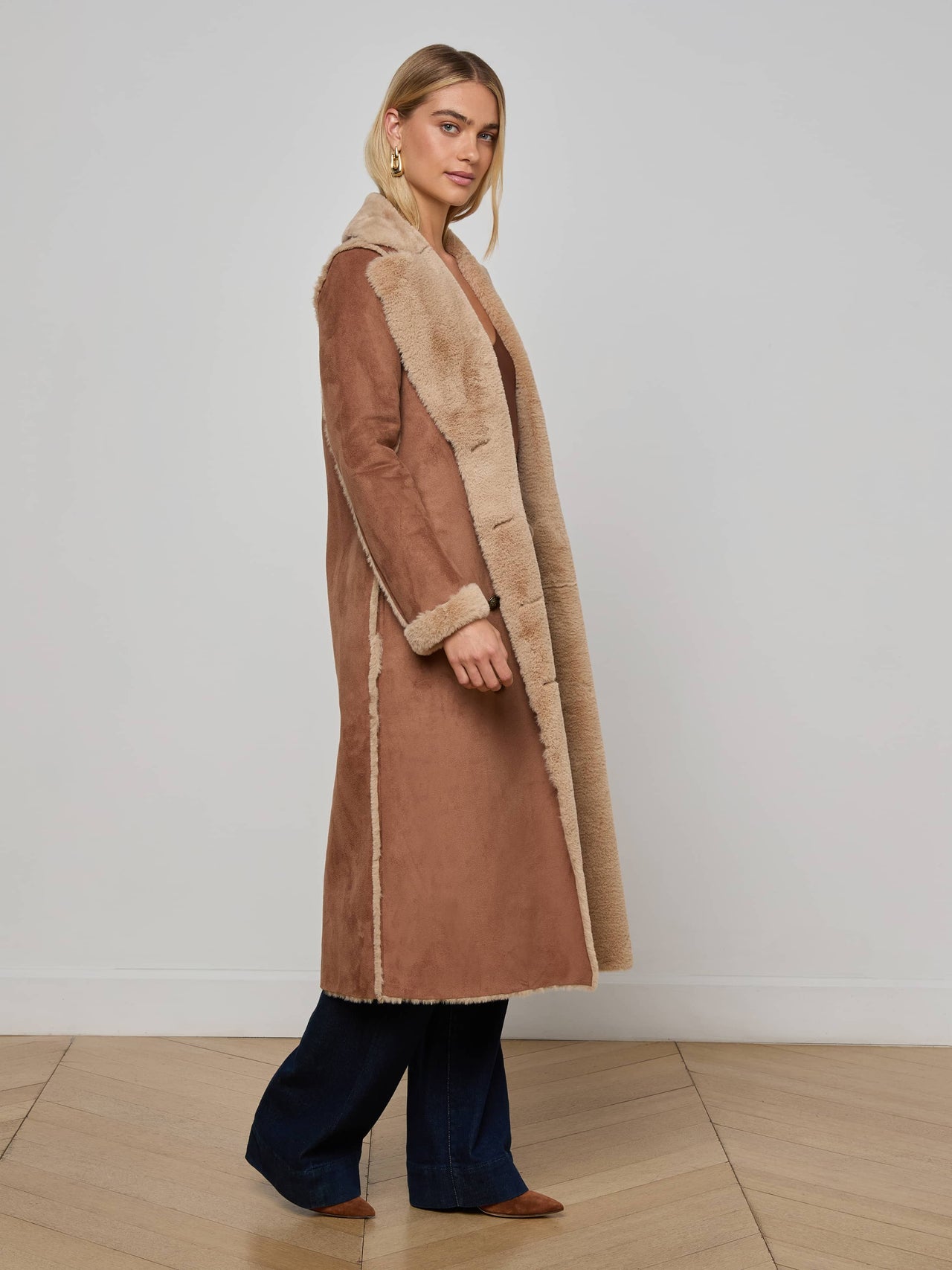 Citron Faux Fur Maxi Coat in Sepia Brown/Light Almond