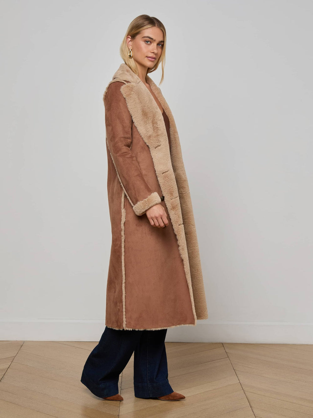 Citron Faux Fur Maxi Coat in Sepia Brown/Light Almond