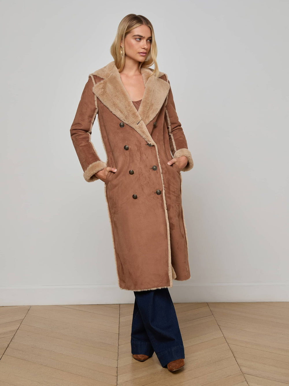 Citron Faux Fur Maxi Coat in Sepia Brown/Light Almond