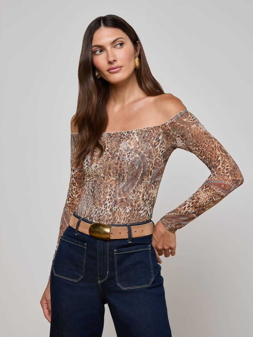 Peonie Off-The-Shoulder Bodysuit in Brown/Blue Valencia Leopard