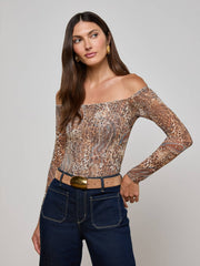 Peonie Off-The-Shoulder Bodysuit in Brown/Blue Valencia Leopard