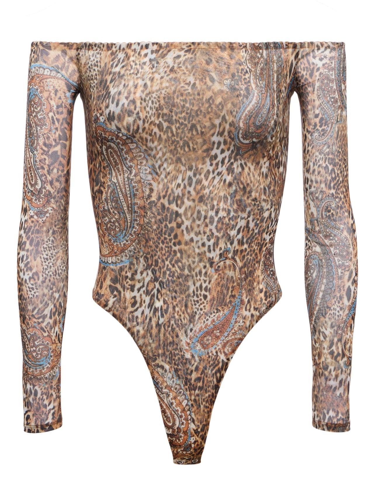Peonie Off-The-Shoulder Bodysuit in Brown/Blue Valencia Leopard