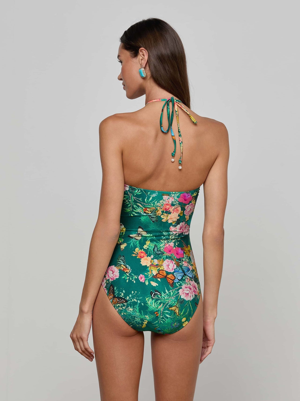 Shiva Keyhole Bandeau One Piece Swimsuit in Bottle Green Multi Charonda Butterfly