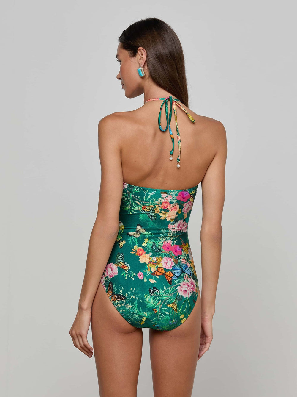 Shiva Keyhole Bandeau One Piece Swimsuit in Bottle Green Multi Charonda Butterfly