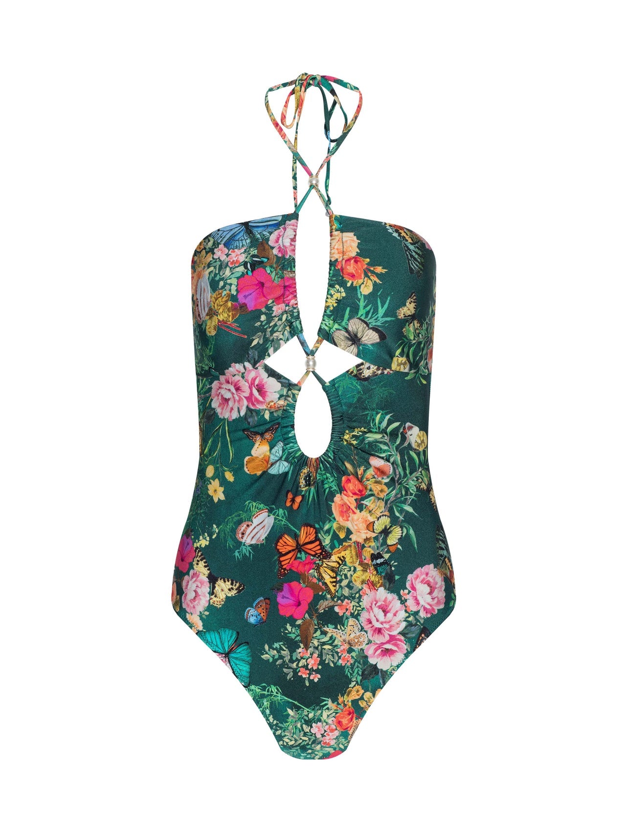 Shiva Keyhole Bandeau One Piece Swimsuit in Bottle Green Multi Charonda Butterfly