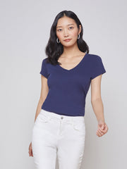 Becca Cotton V-Neck Tee in Navy