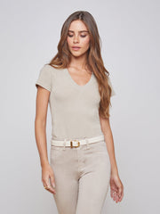 Becca Cotton V-Neck Tee in Biscuit
