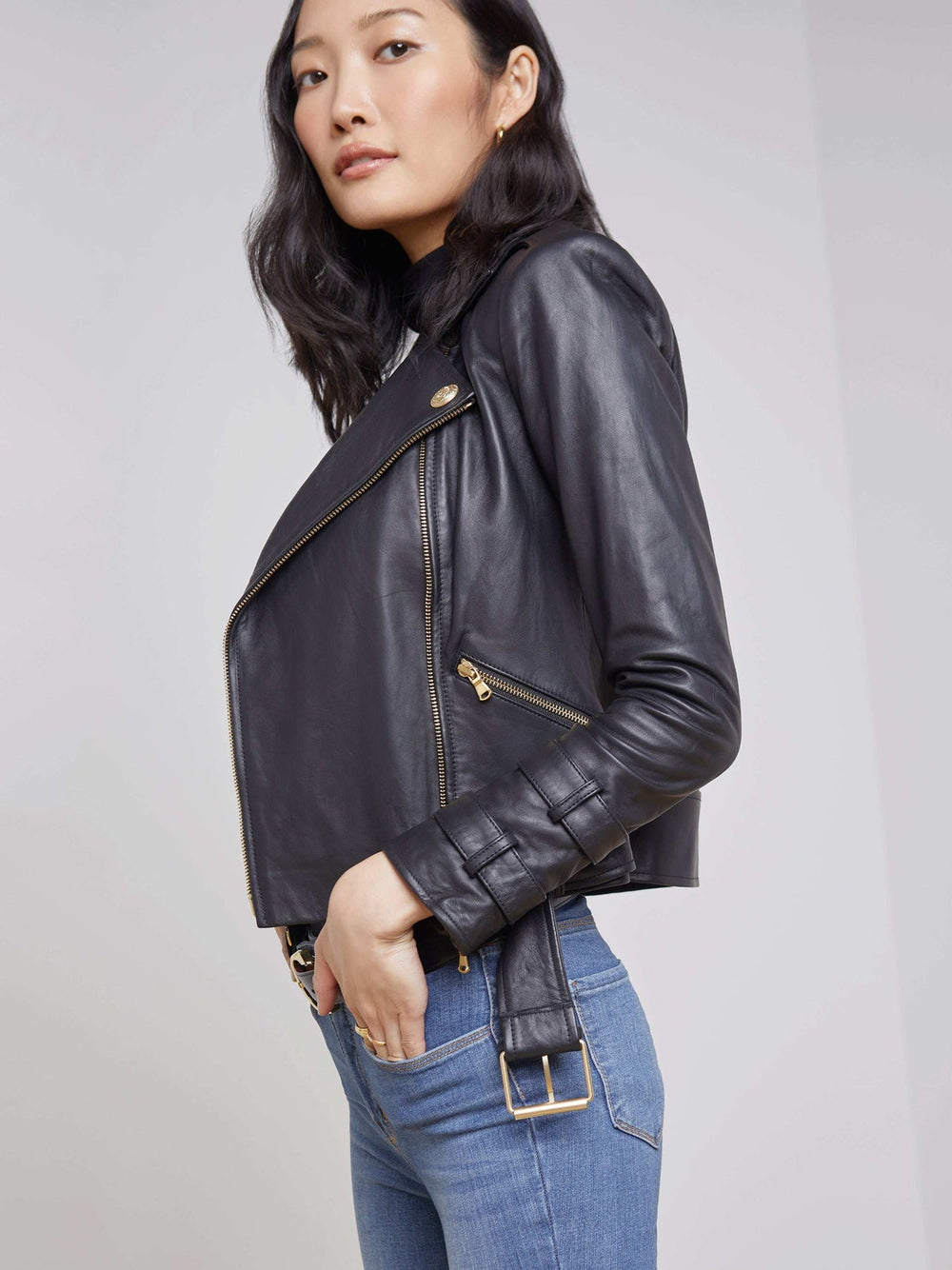 Billie Belted Leather Jacket in Black