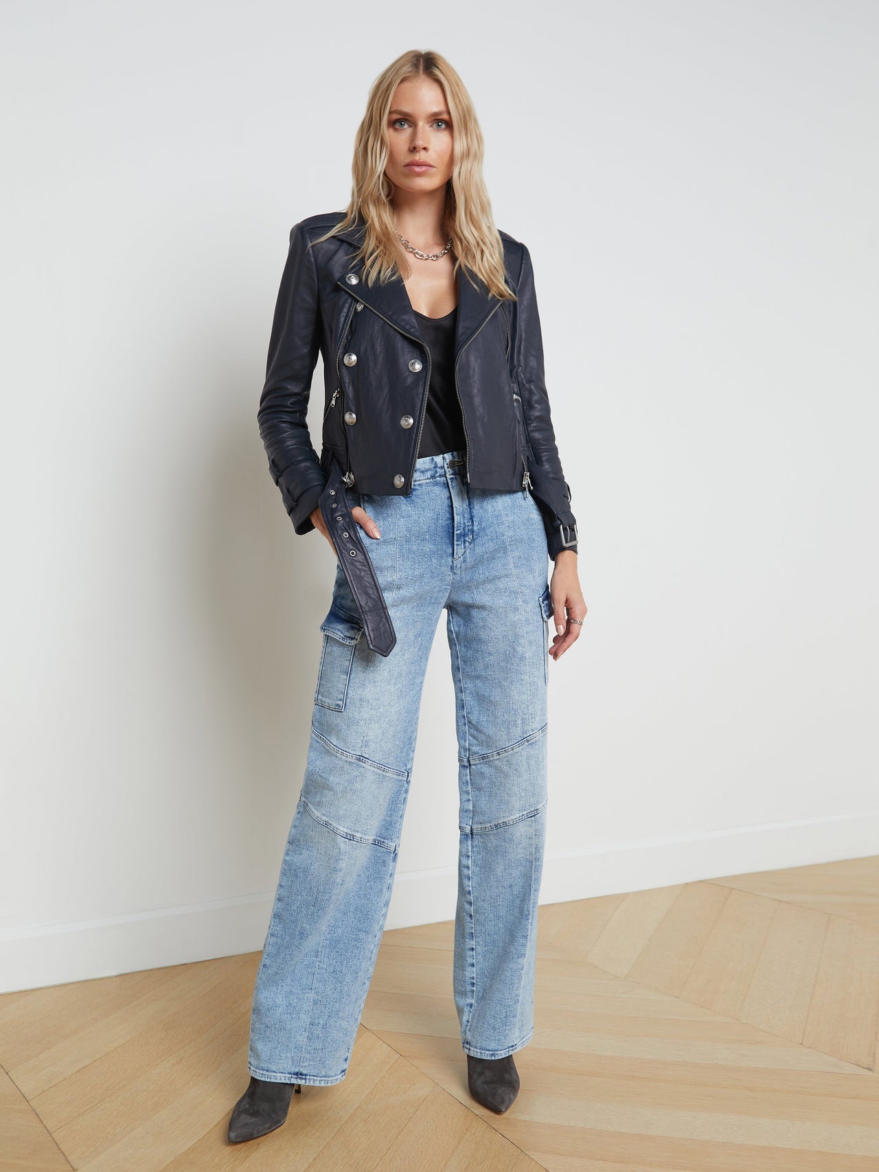 Billie Belted Leather Jacket in Midnight