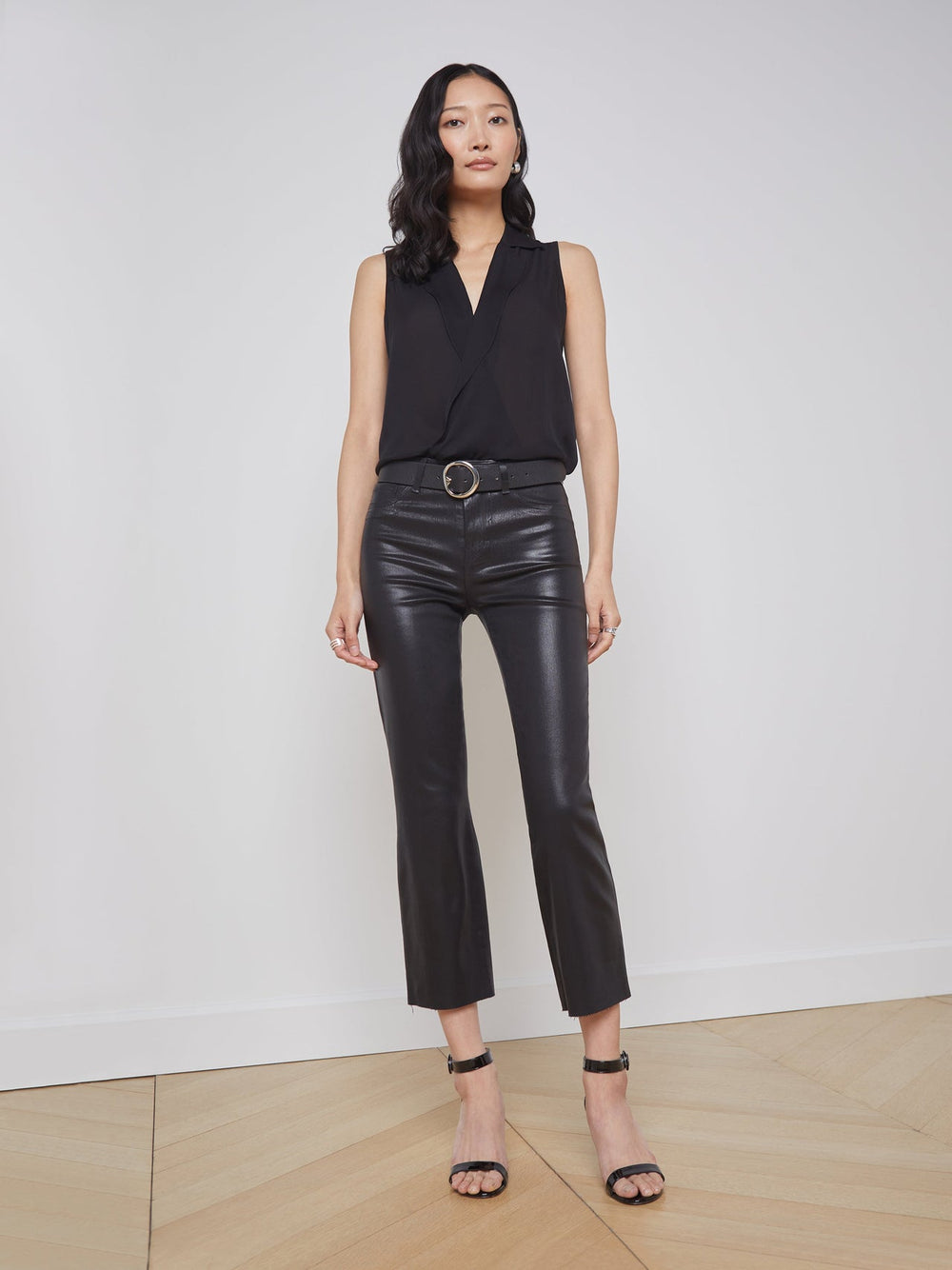 Kendra Coated Cropped Flared Crop Jean in Noir Coated
