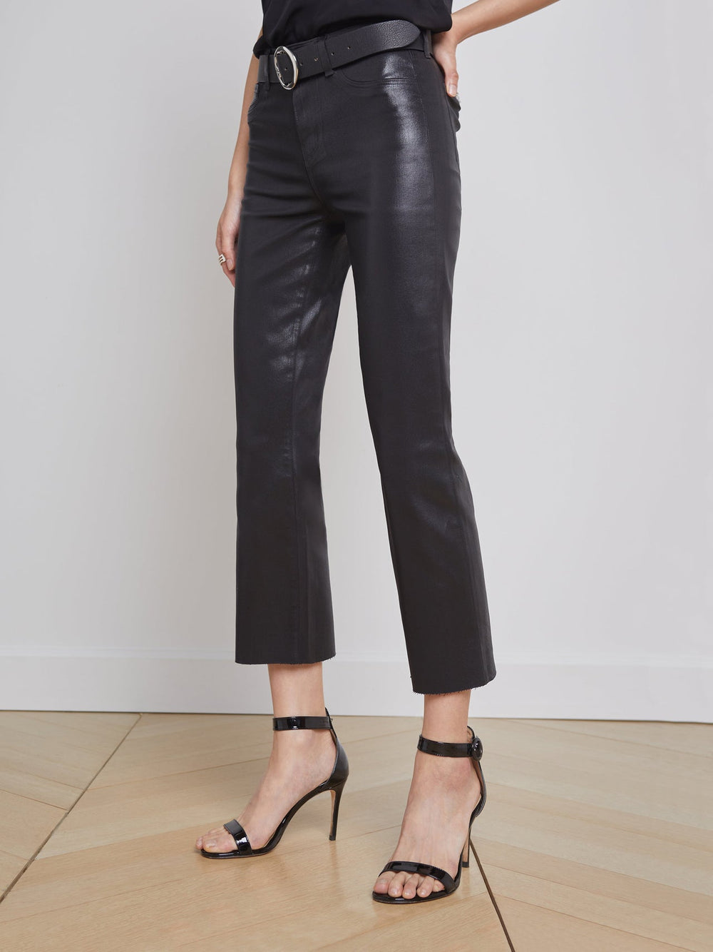 Kendra Coated Cropped Flared Crop Jean in Noir Coated
