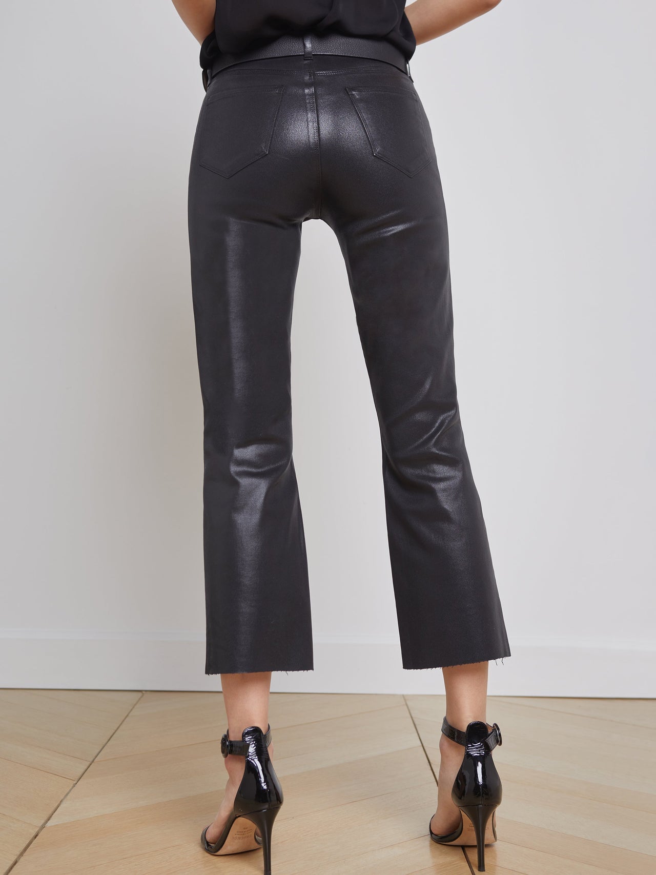 Kendra Coated Cropped Flared Crop Jean in Noir Coated