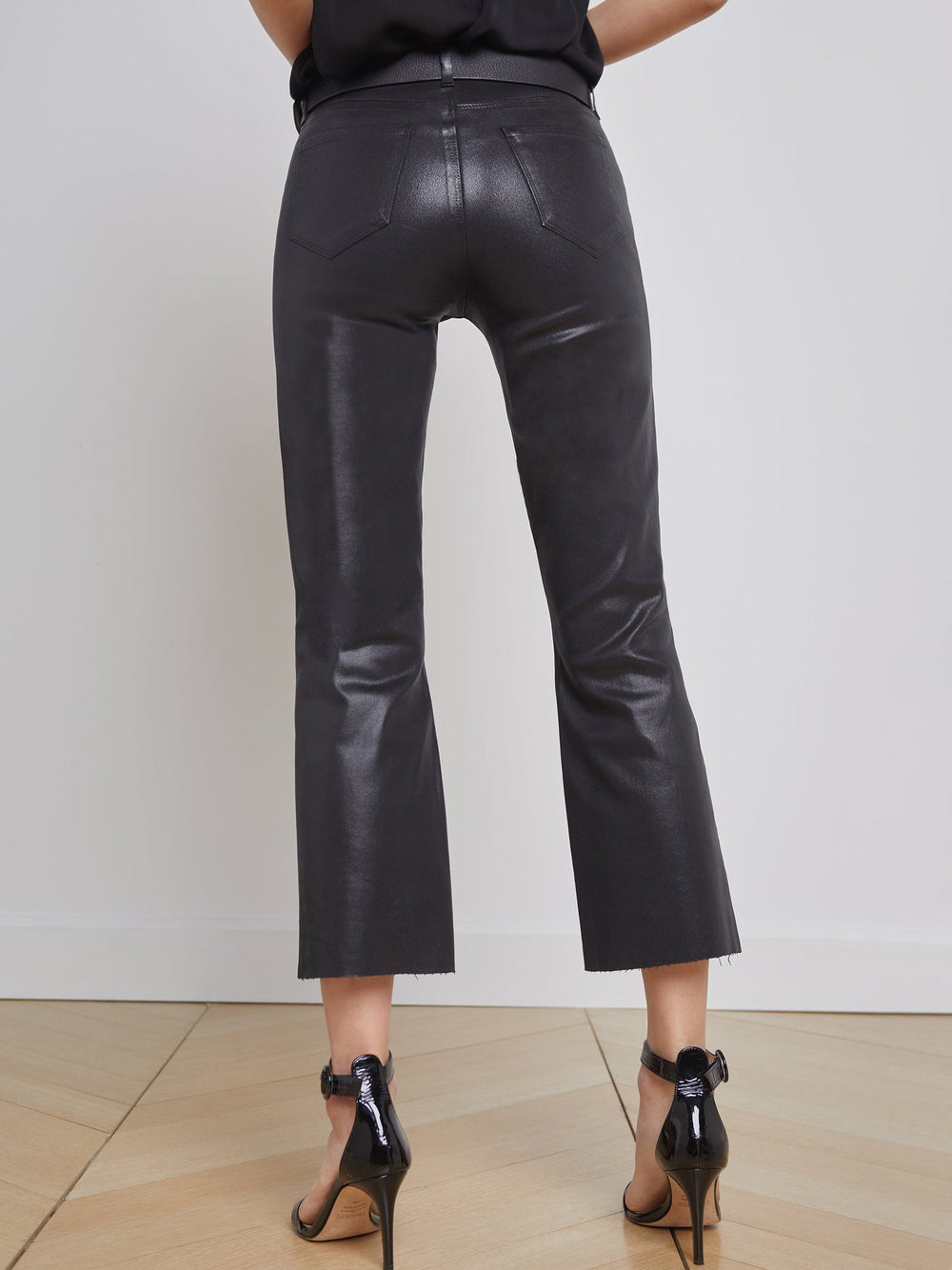 Kendra Coated Cropped Flared Crop Jean in Noir Coated