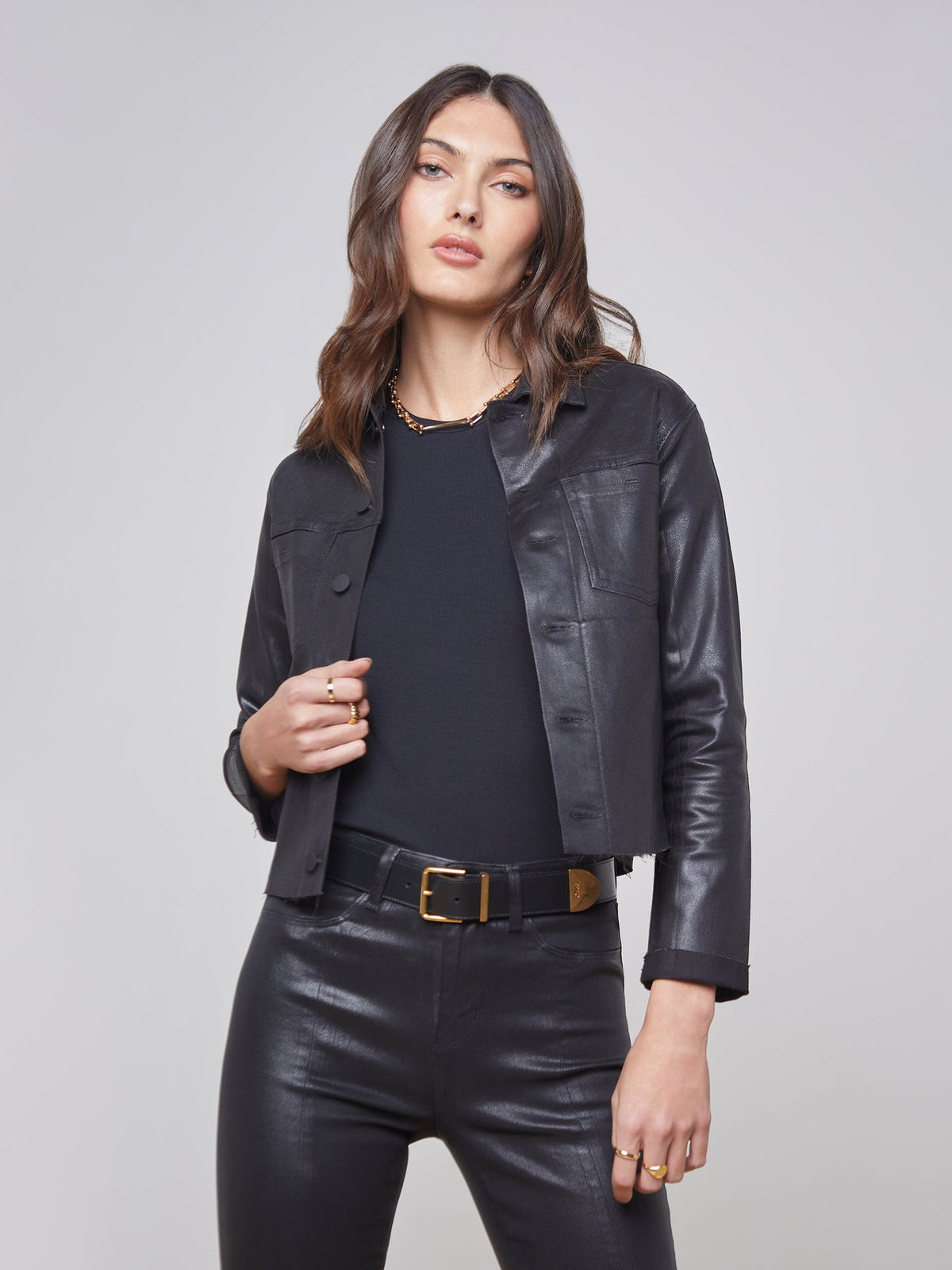 Janelle 3/4 Sleeve Coated Jean Jacket in Saturated Black Coated