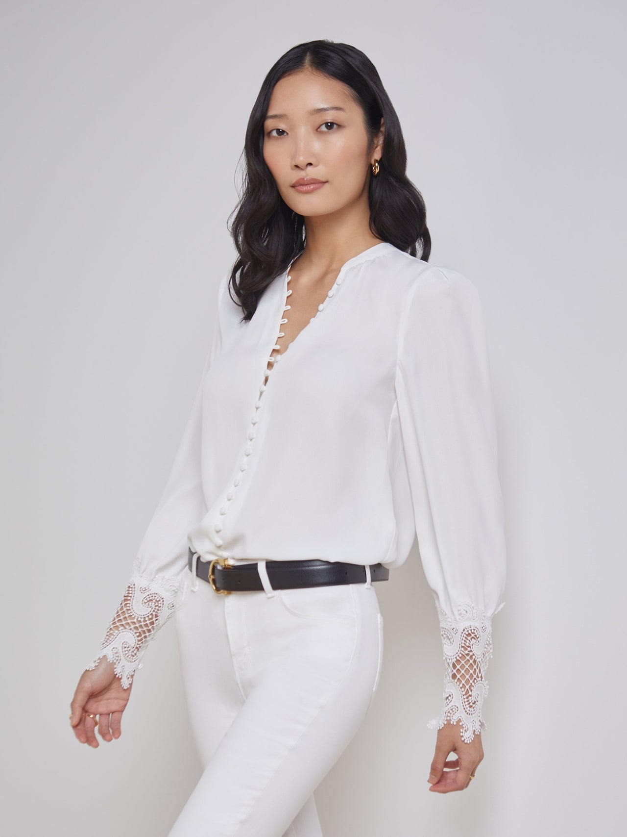 Ava Lace Cuff Blouse in Ivory