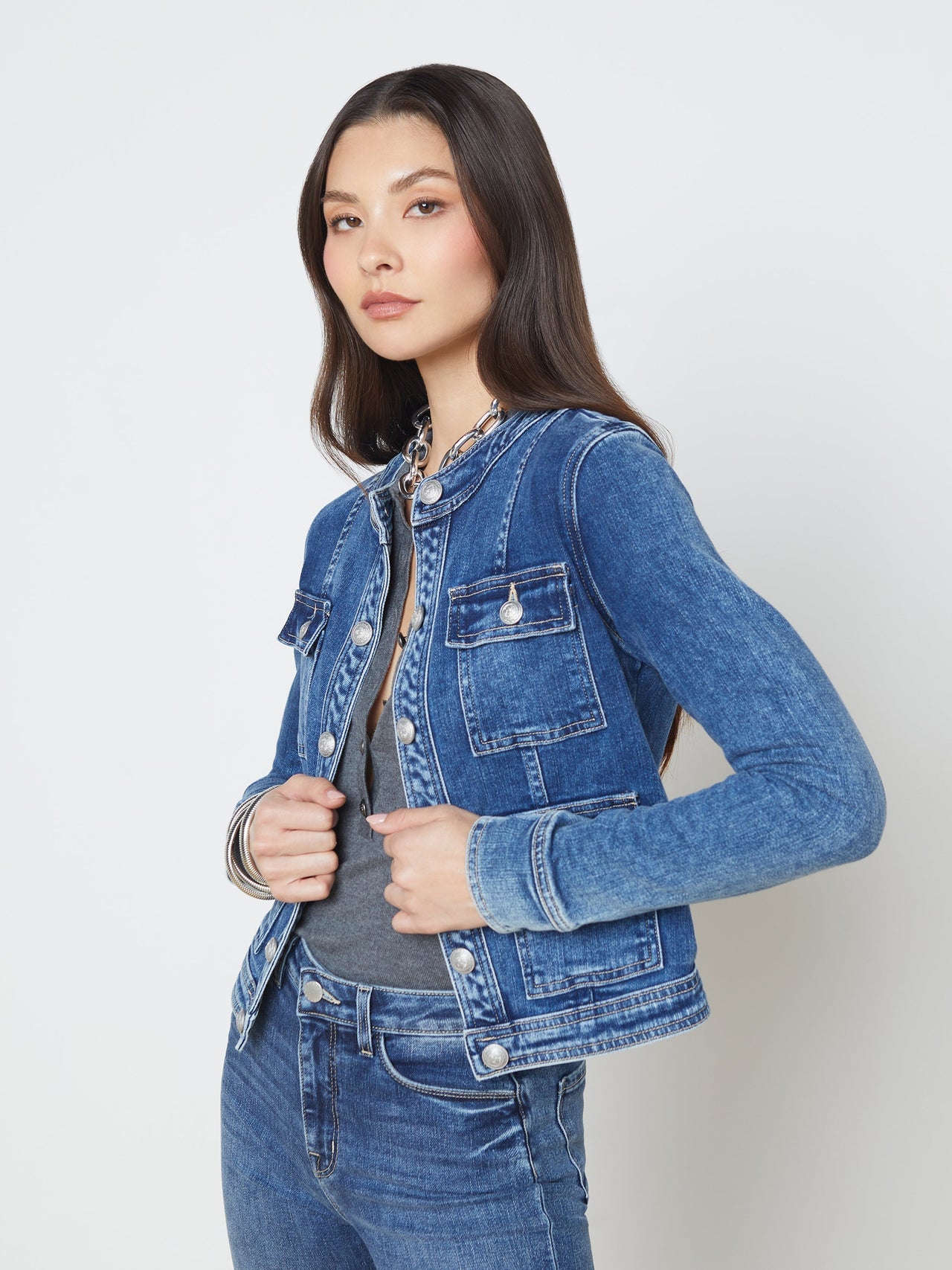 Yari Collarless Jean Jacket in Rhodes