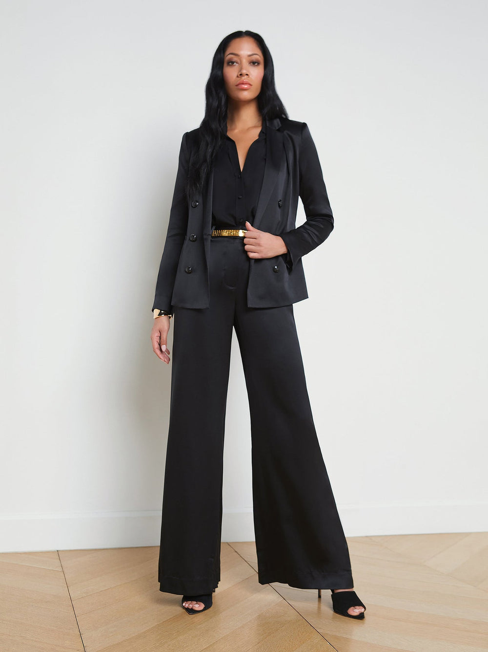 Colin Double Breasted Silk Charmeuse Blazer in Black