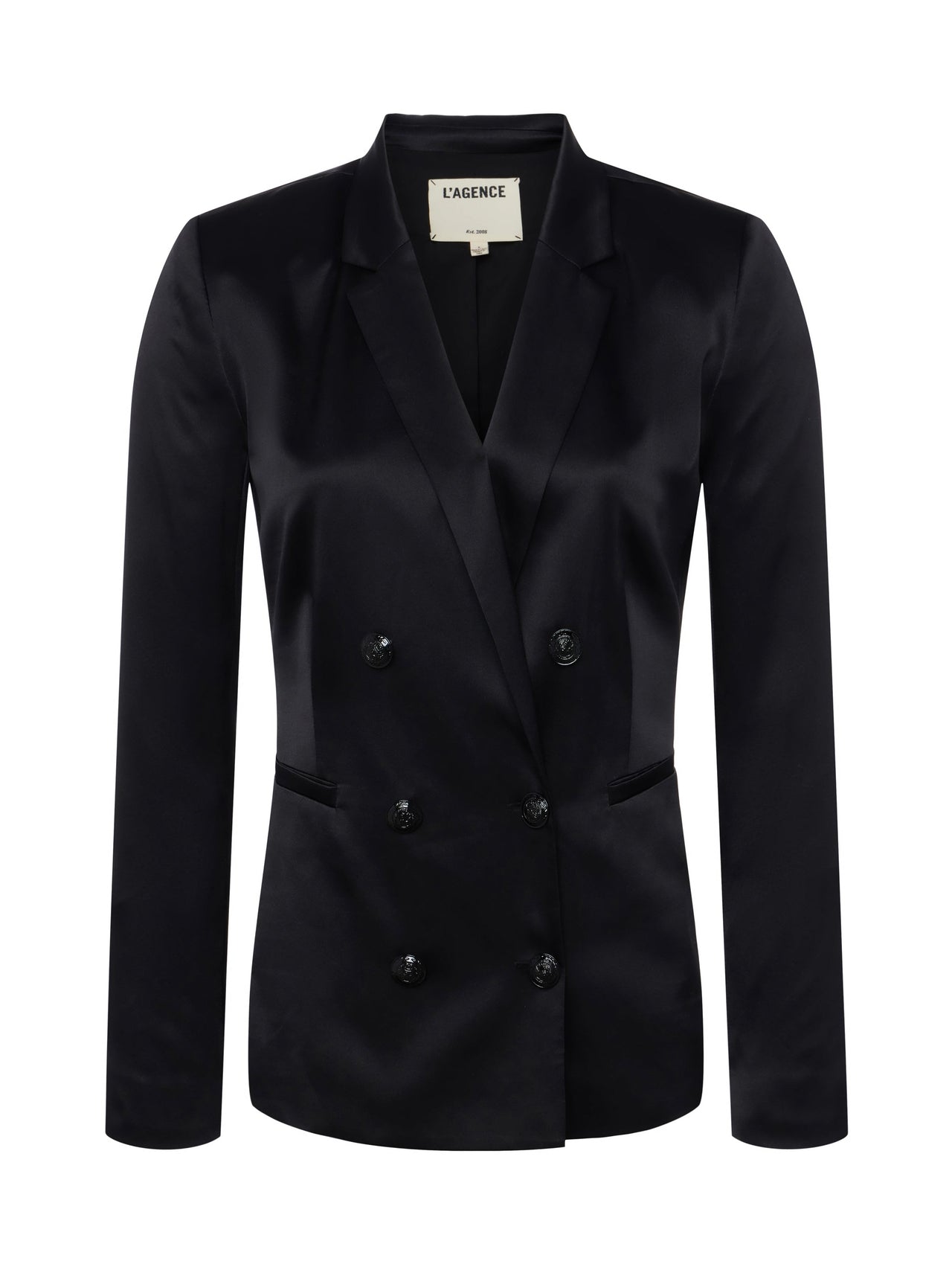Colin Double Breasted Silk Charmeuse Blazer in Black