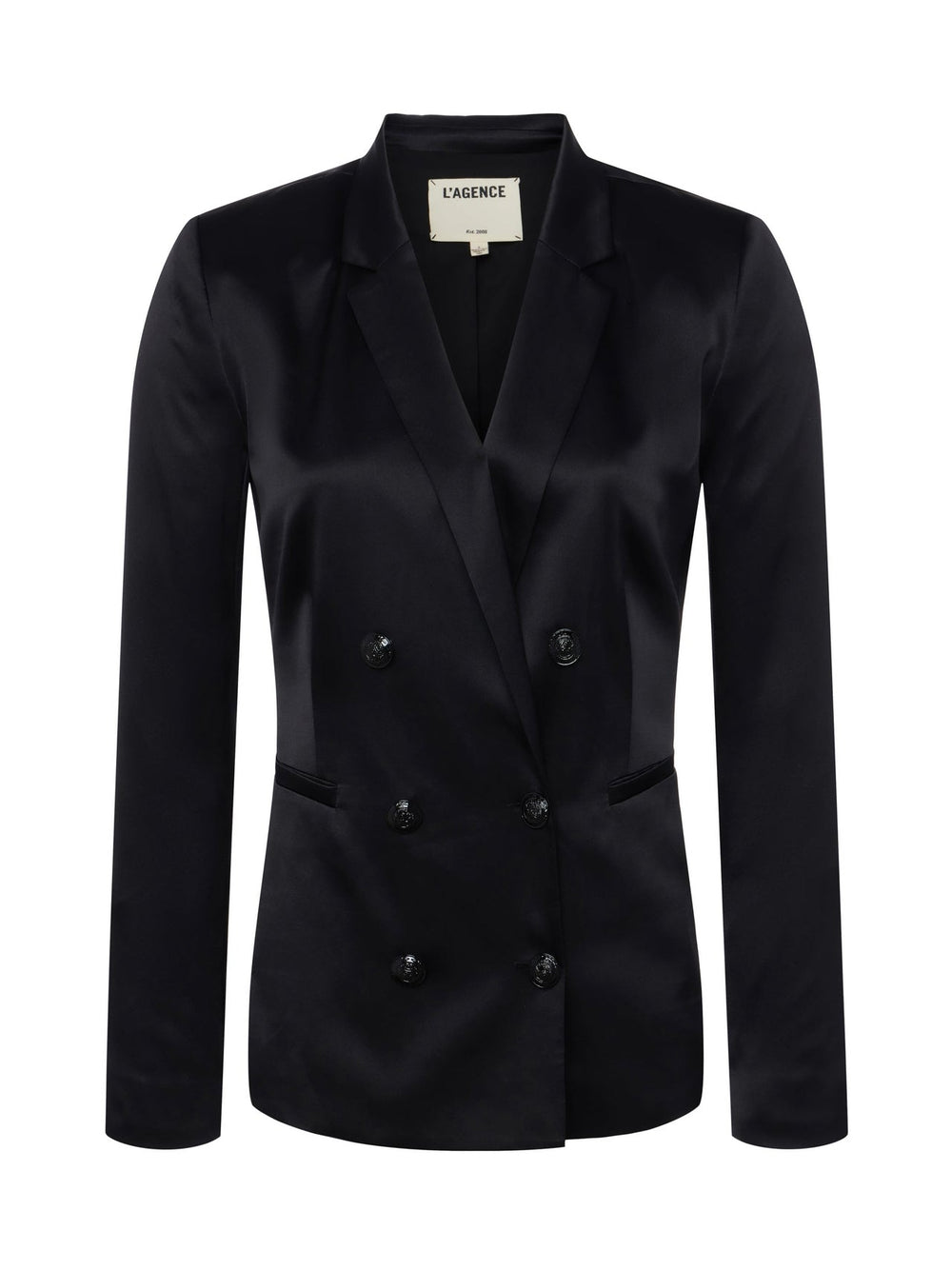 Colin Double Breasted Silk Charmeuse Blazer in Black