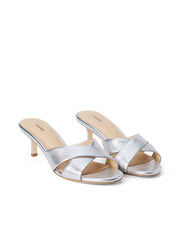 Aveline Kitten-Heel Sandal in Silver Leather