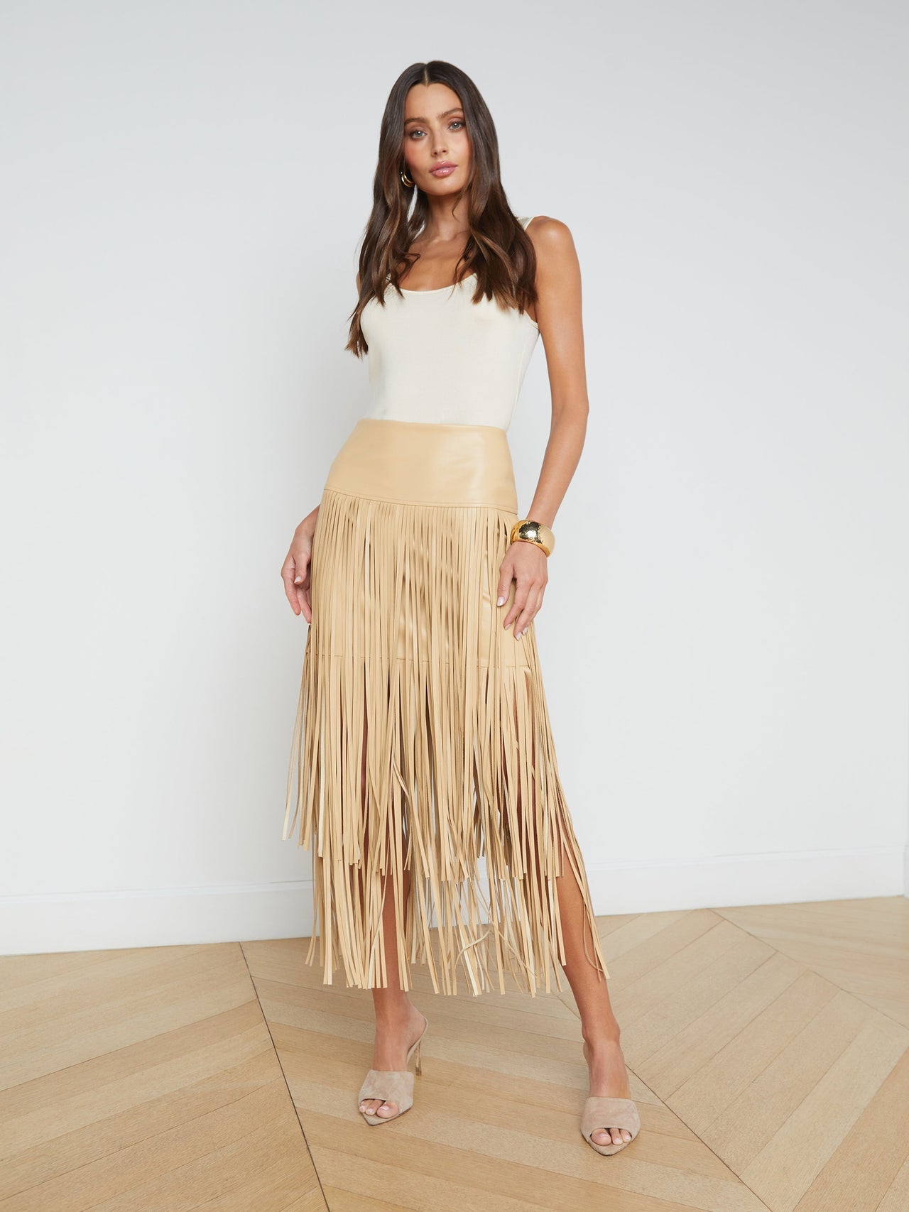 Karolina Vegan Leather Fringe Skirt in Croissant