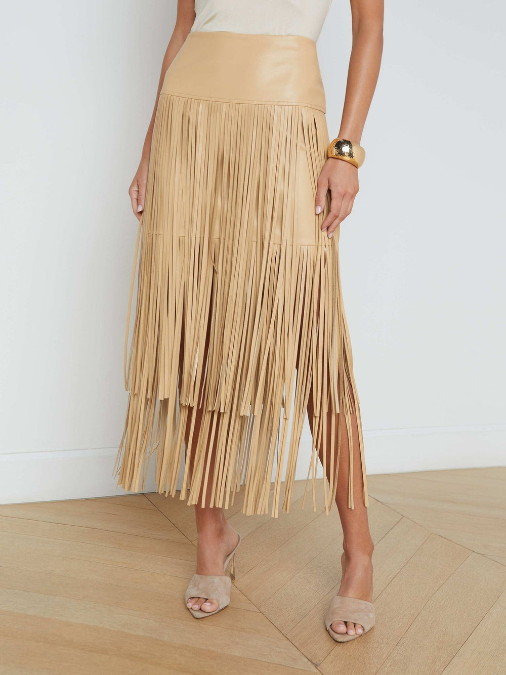 Karolina Vegan Leather Fringe Skirt in Croissant