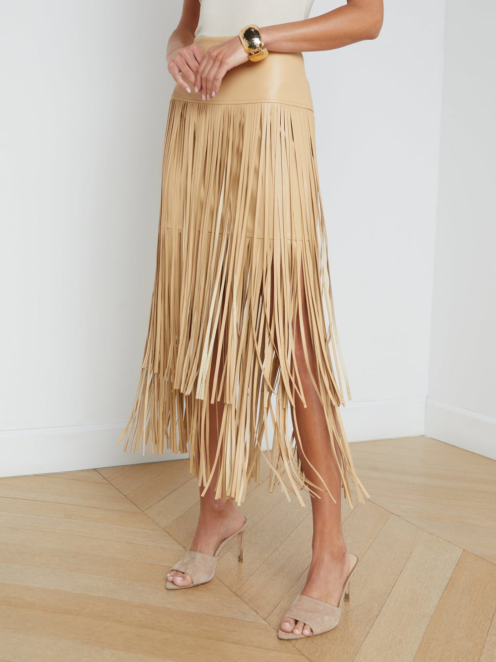 Karolina Vegan Leather Fringe Skirt in Croissant