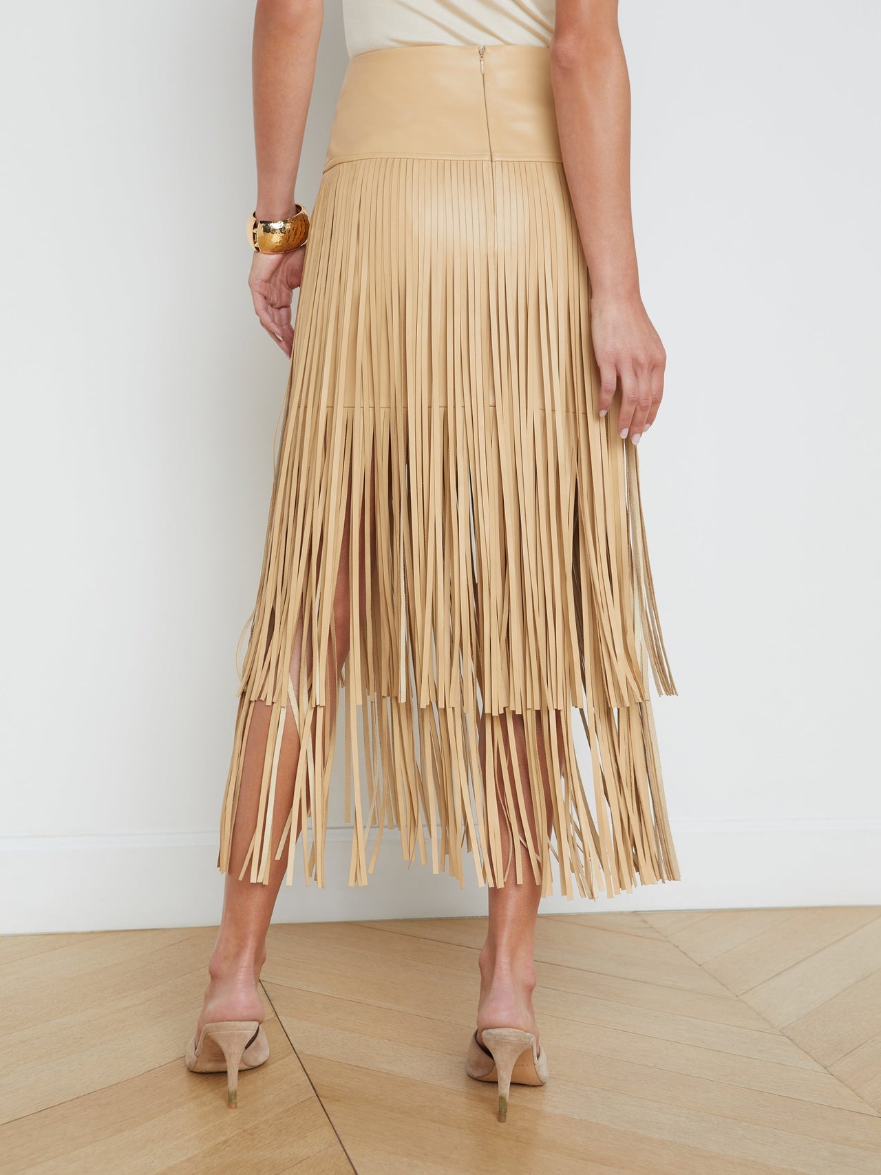 Karolina Vegan Leather Fringe Skirt in Croissant