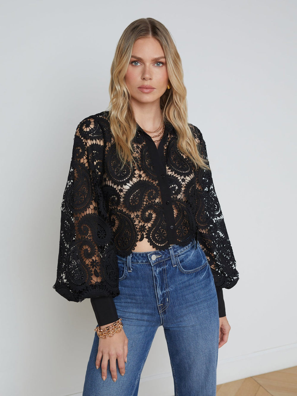 Odelia Cropped Paisley Lace Blouse in Black