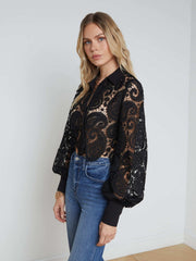 Odelia Cropped Paisley Lace Blouse in Black