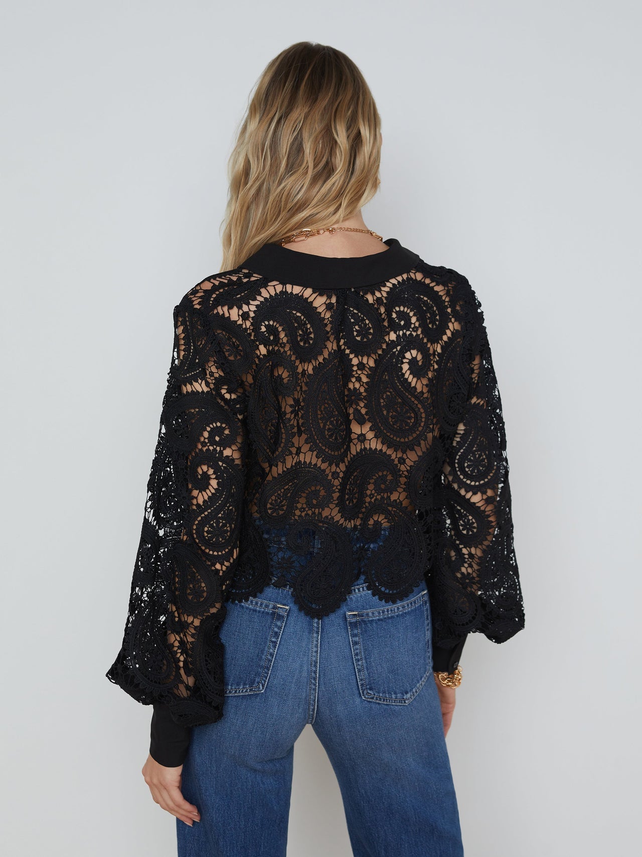 Odelia Cropped Paisley Lace Blouse in Black