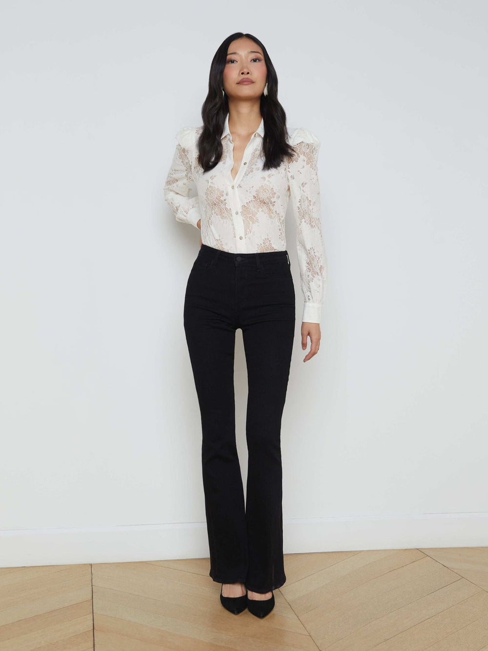 Jenica Long-Sleeve Lace Button-Down Blouse in Ivory