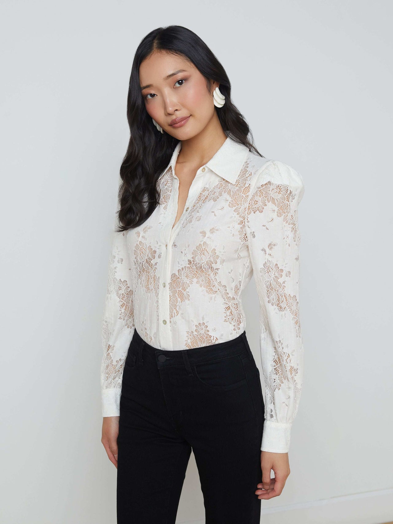 Jenica Long-Sleeve Lace Button-Down Blouse in Ivory