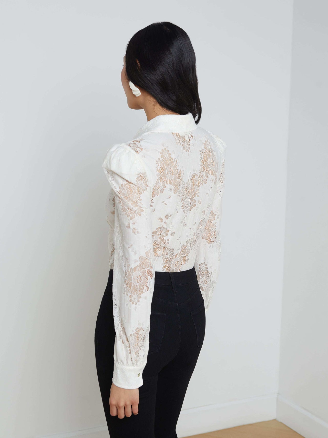 Jenica Long-Sleeve Lace Button-Down Blouse in Ivory