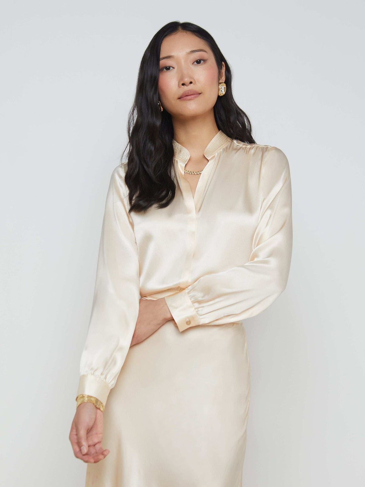Bianca Long-Sleeve Silk Blouse in Pearl
