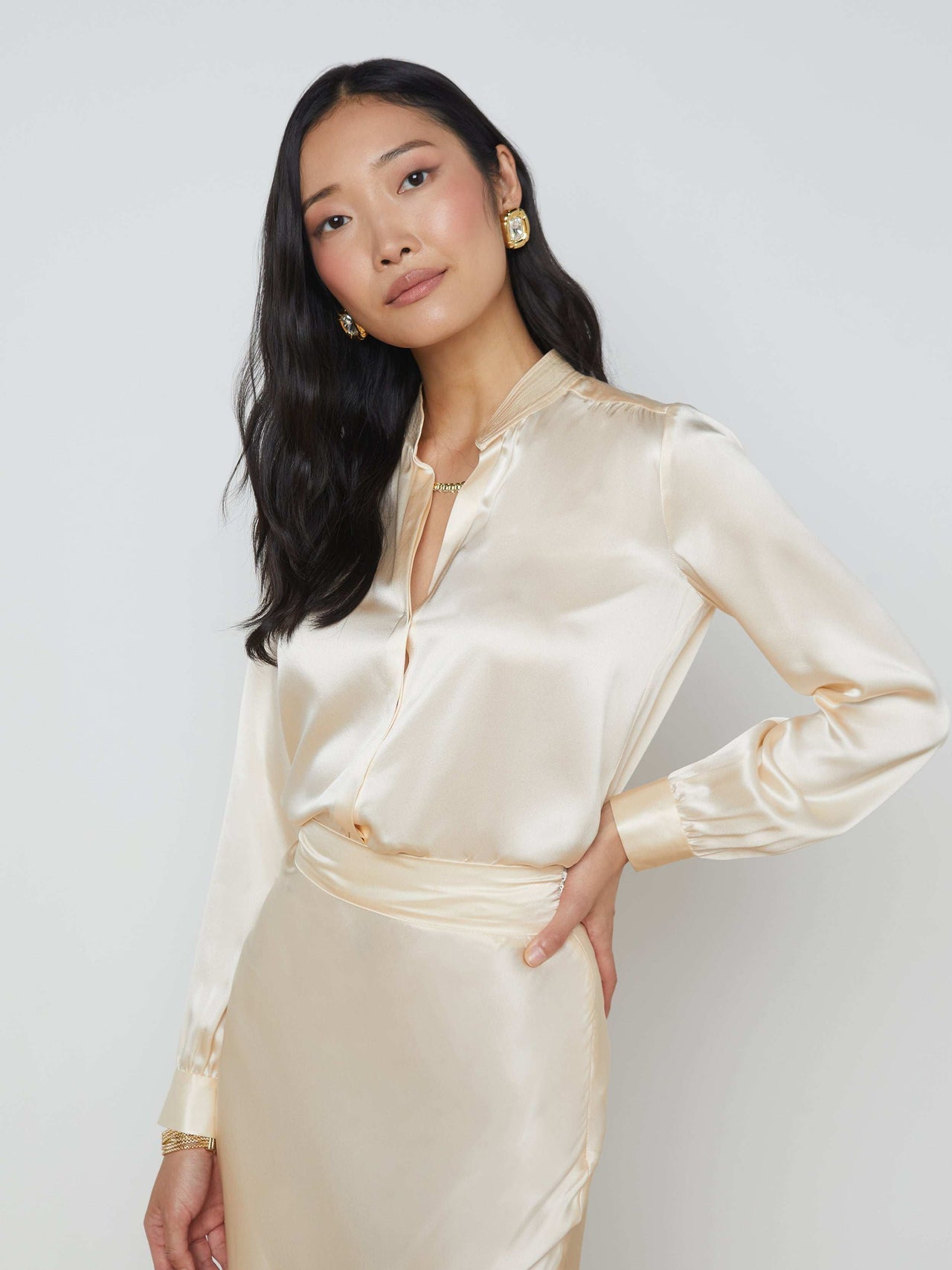 Bianca Long-Sleeve Silk Blouse in Pearl