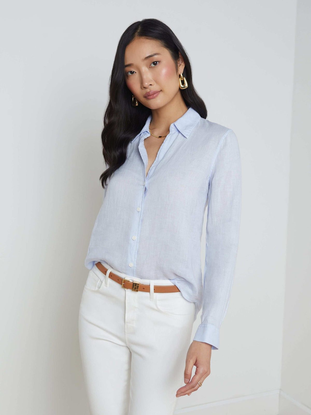 Tyler Long Sleeve Linen Blouse in Cornflower