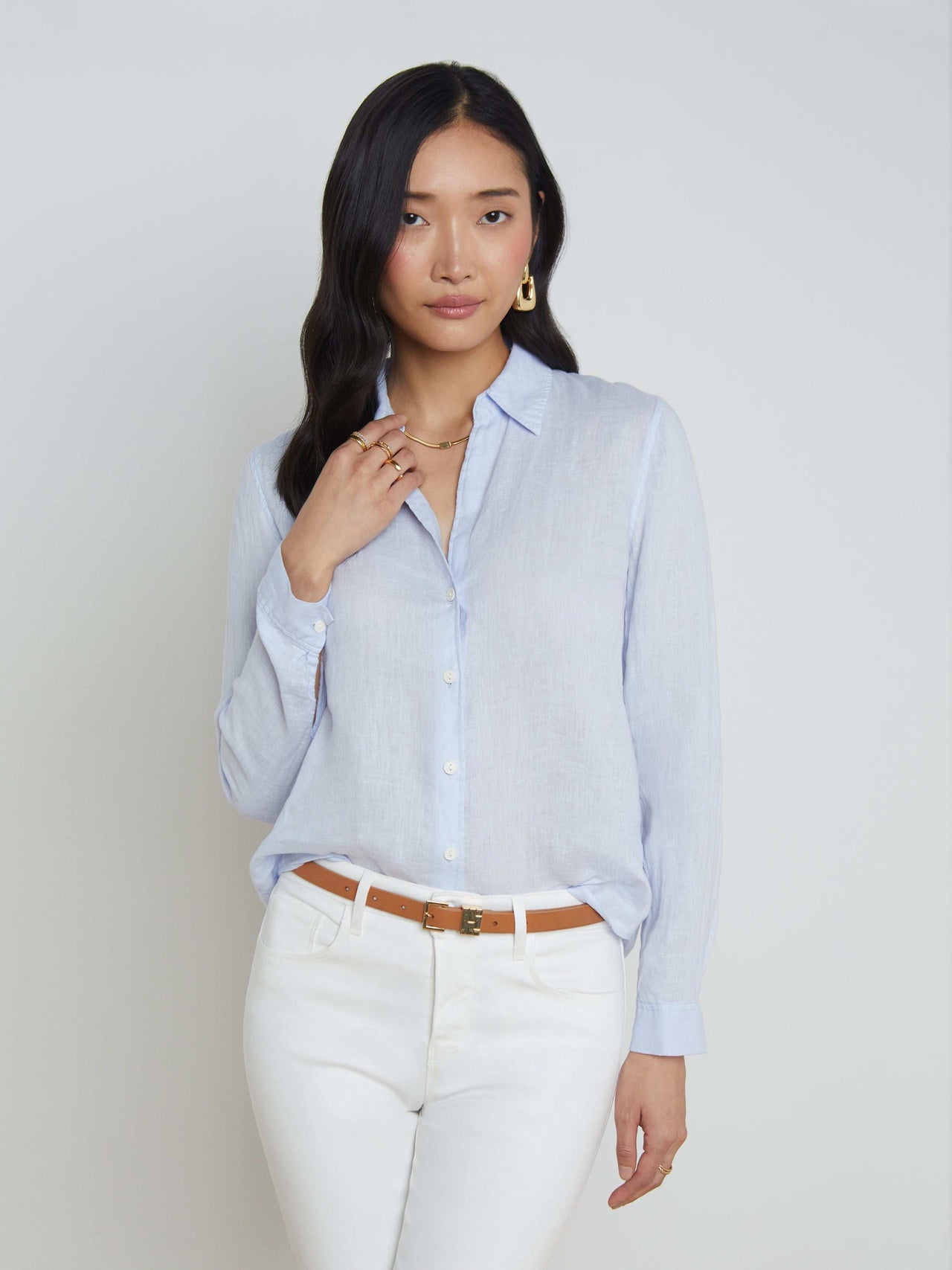 Tyler Long Sleeve Linen Blouse in Cornflower