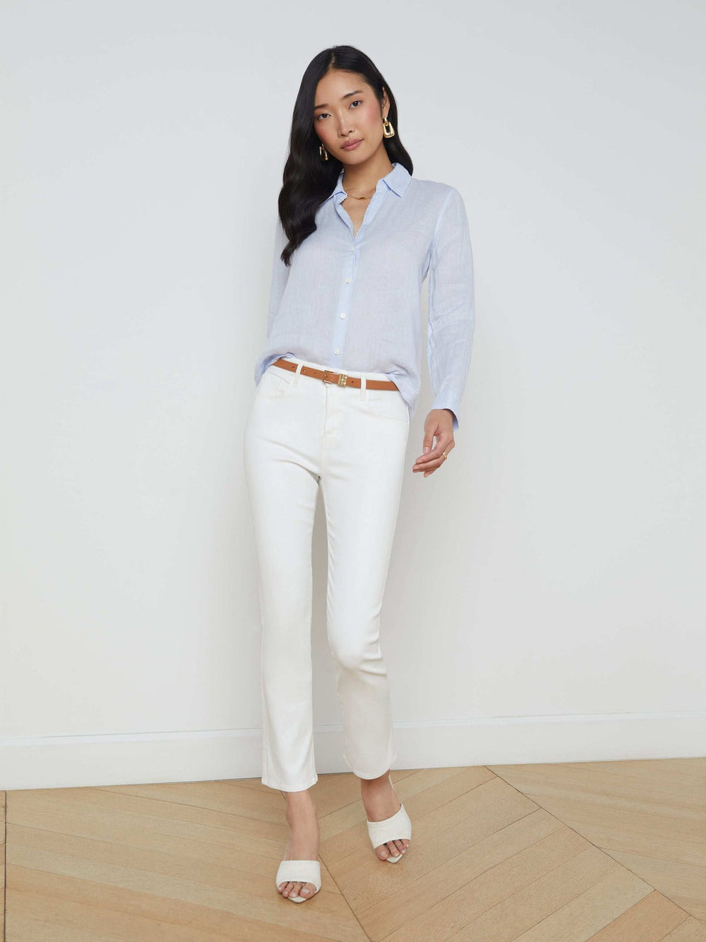 Tyler Long Sleeve Linen Blouse in Cornflower