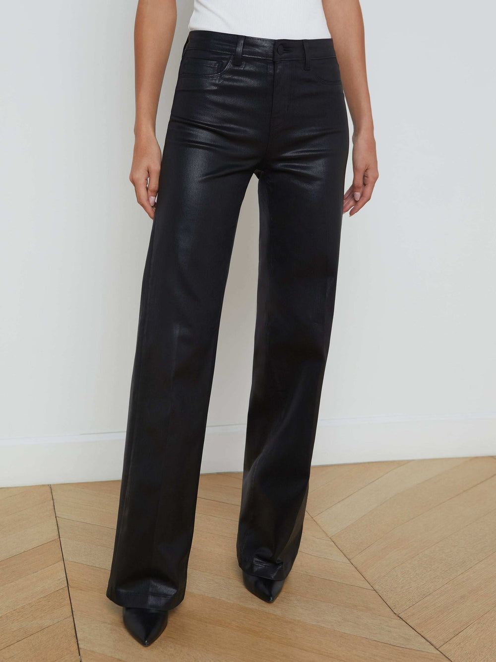 Clayton Coated High-Rise Wide-Leg Jean in Noir Coated