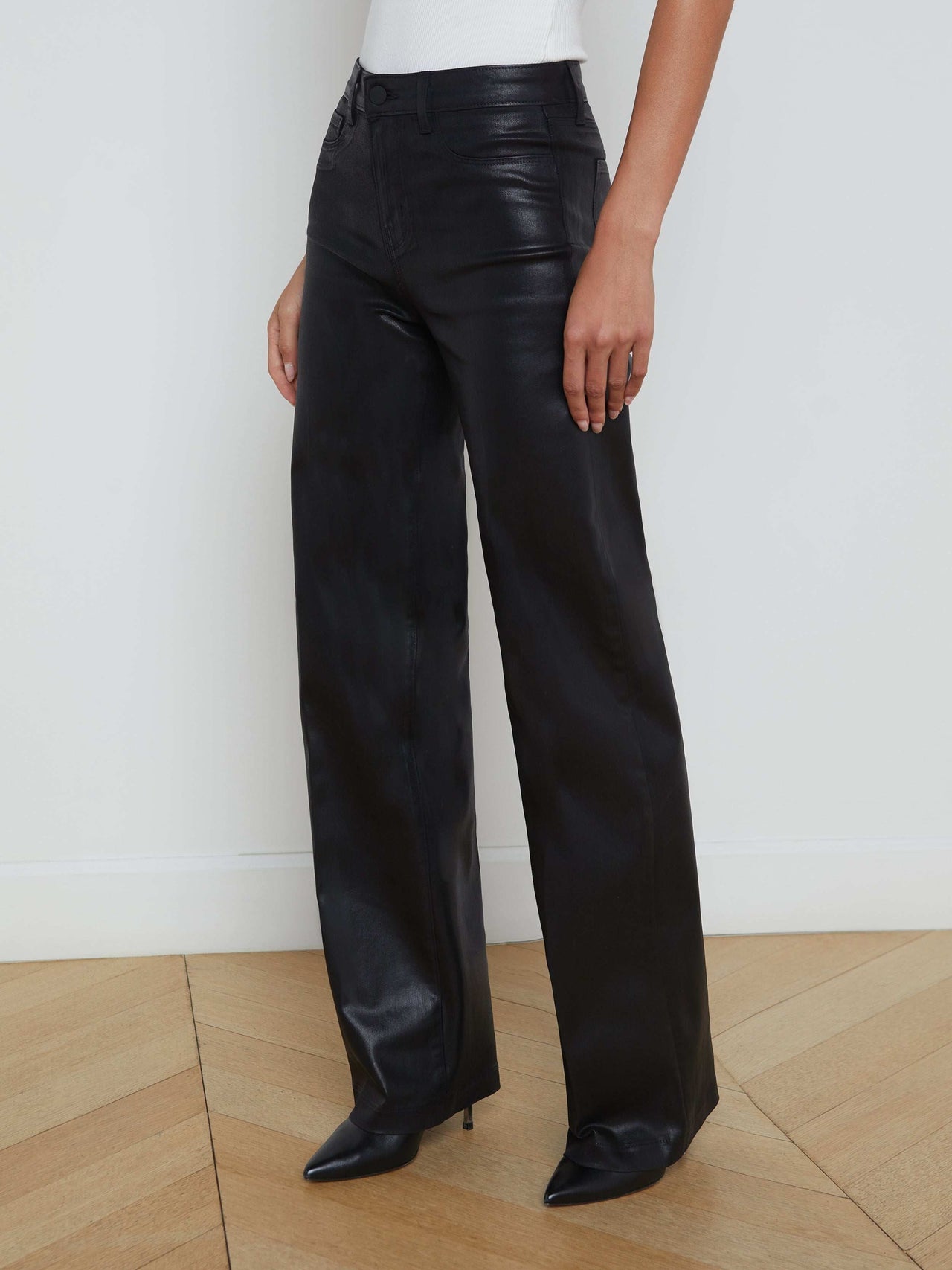 Clayton Coated High-Rise Wide-Leg Jean in Noir Coated
