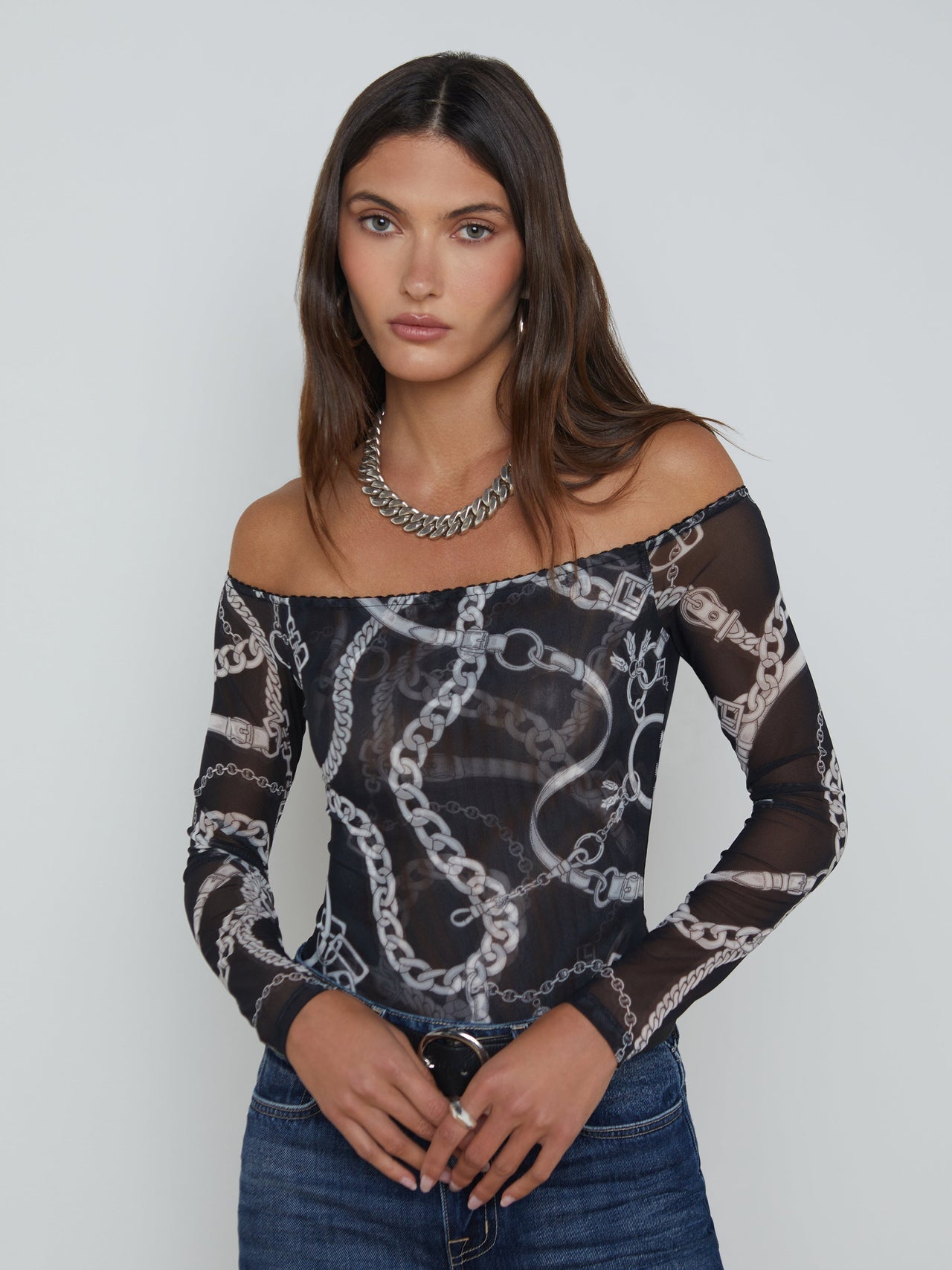 Peonie Off-The-Shoulder Bodysuit in Black/White Buckle Chain