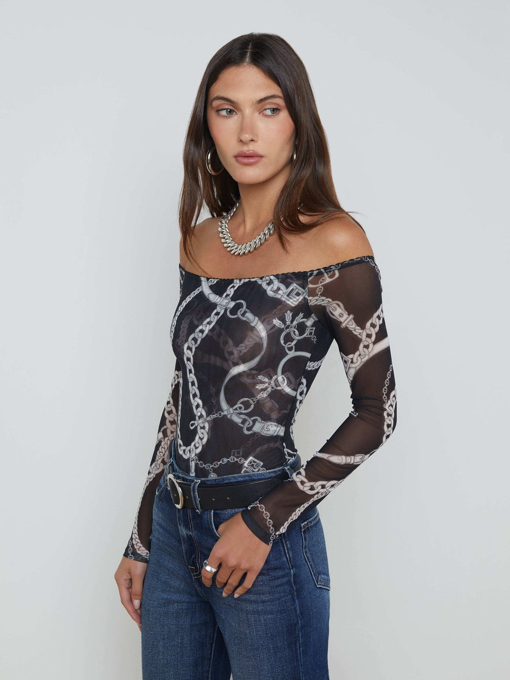 Peonie Off-The-Shoulder Bodysuit in Black/White Buckle Chain
