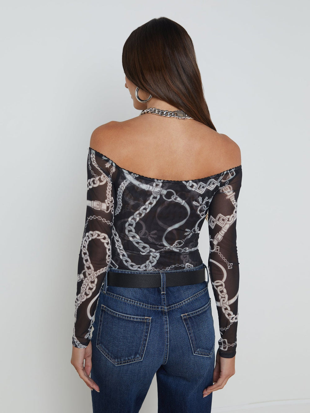 Peonie Off-The-Shoulder Bodysuit in Black/White Buckle Chain