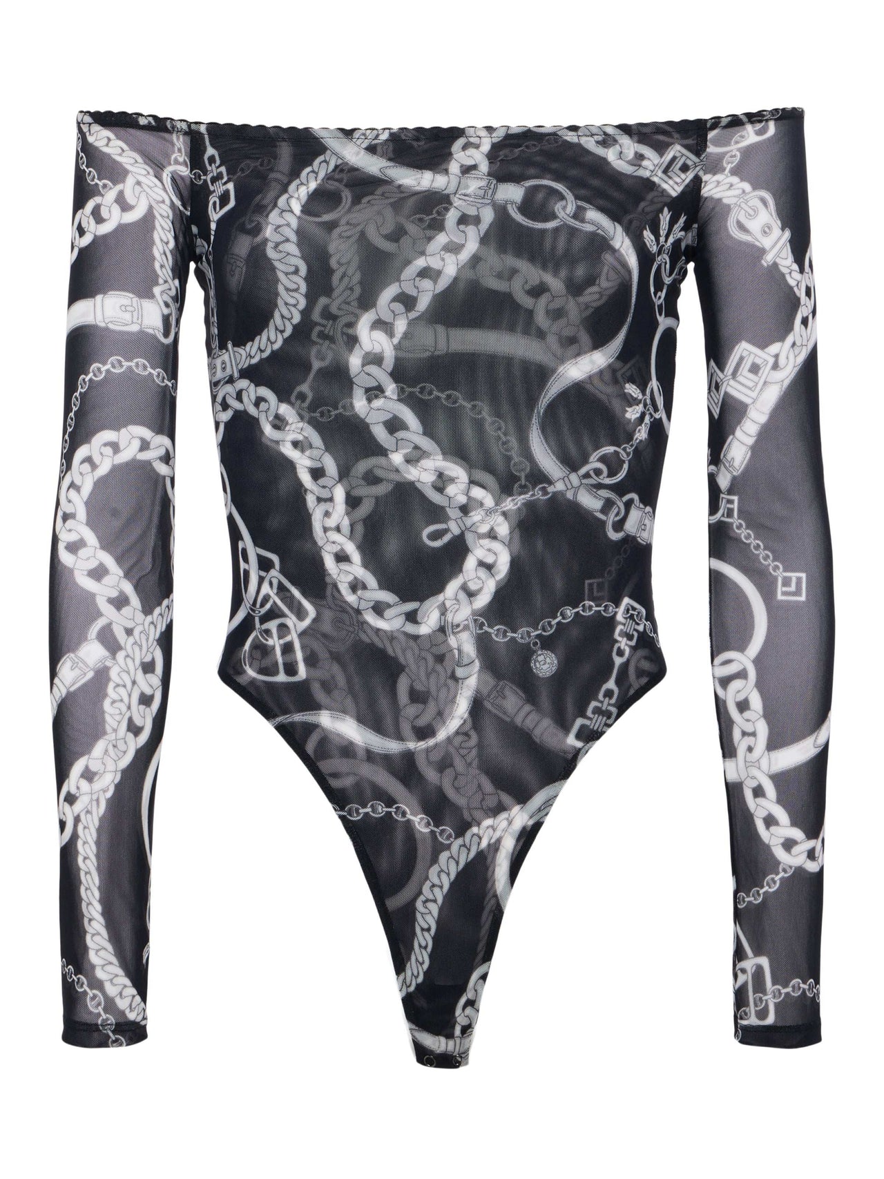 Peonie Off-The-Shoulder Bodysuit in Black/White Buckle Chain