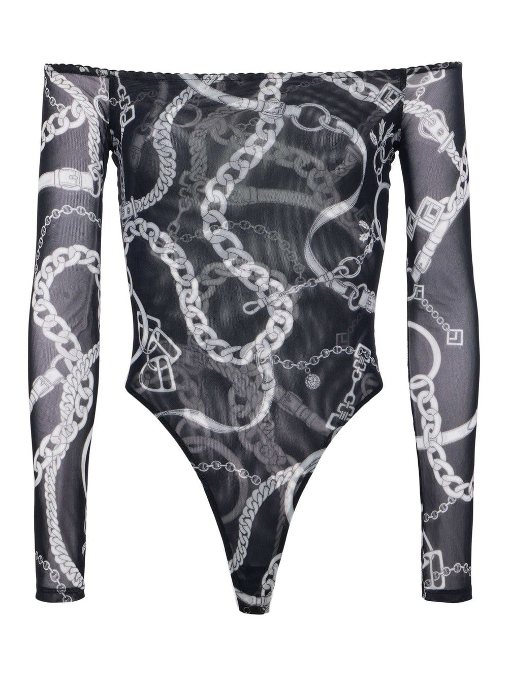 Peonie Off-The-Shoulder Bodysuit in Black/White Buckle Chain