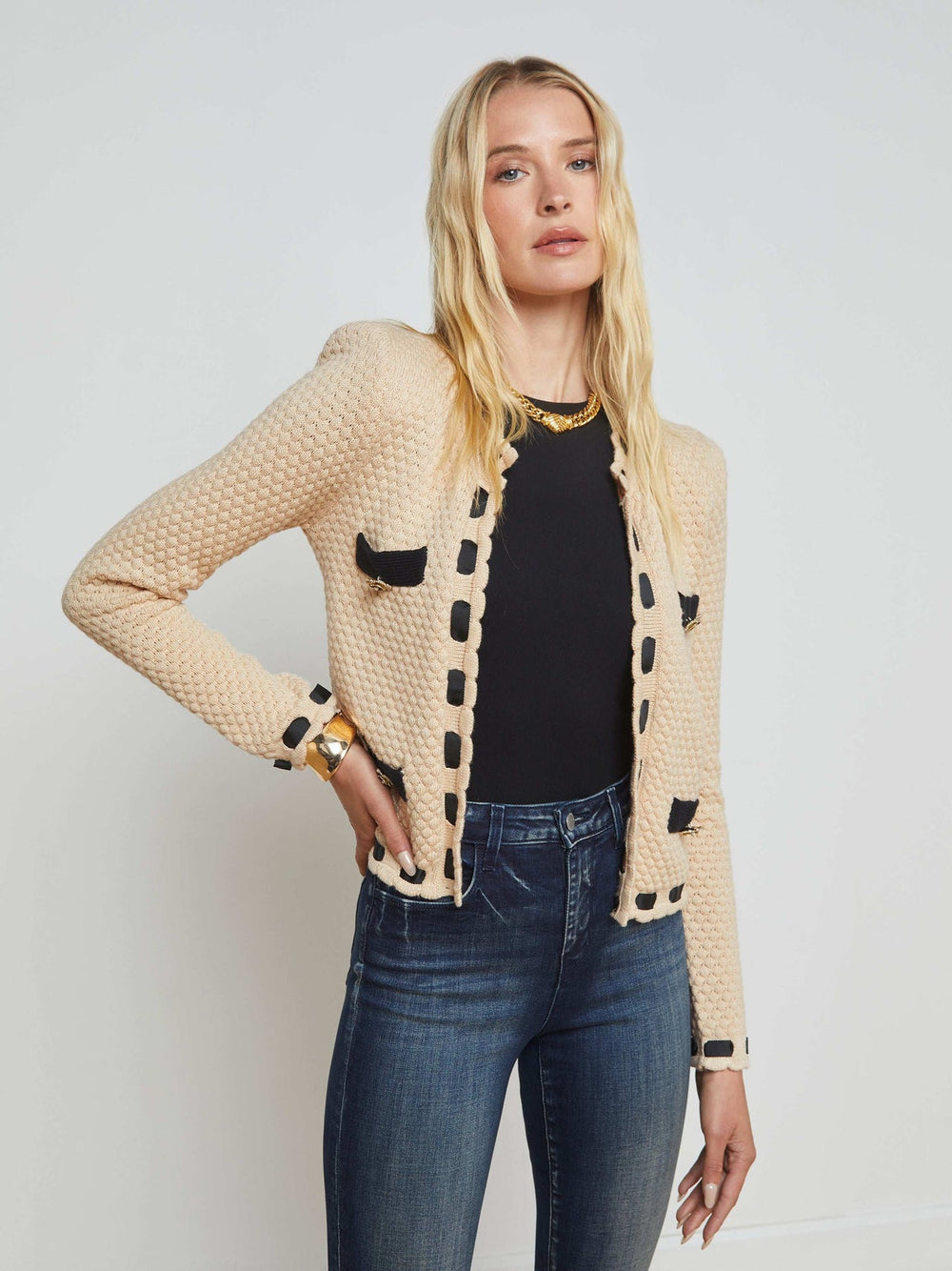 Astor Cardigan in Biscuit/Black